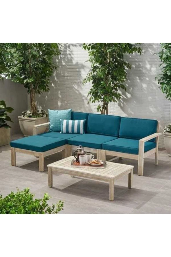 ODUNS Stella Bahçe Balkon Teras Ahşap Köşe Takımı (Turkuaz)