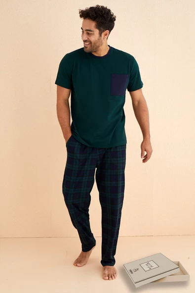 Kutulu- Premium Pamuklu Kısa Kollu Erkek Pijama Takımı- Ekose Babalar Günü Hediyesi - 11