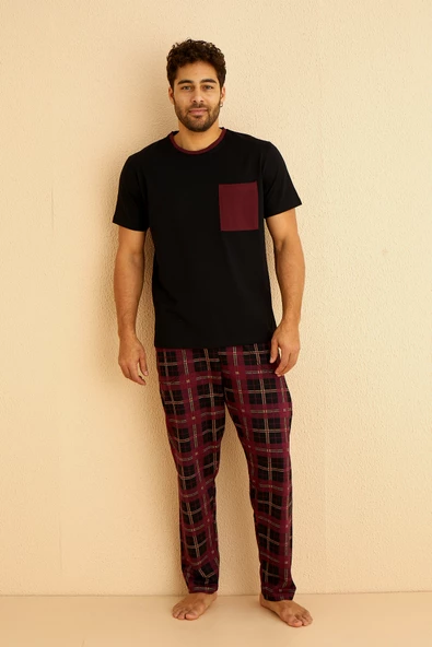 Kutulu- Premium Pamuklu Kısa Kollu Erkek Pijama Takımı- Ekose Babalar Günü Hediyesi - 4