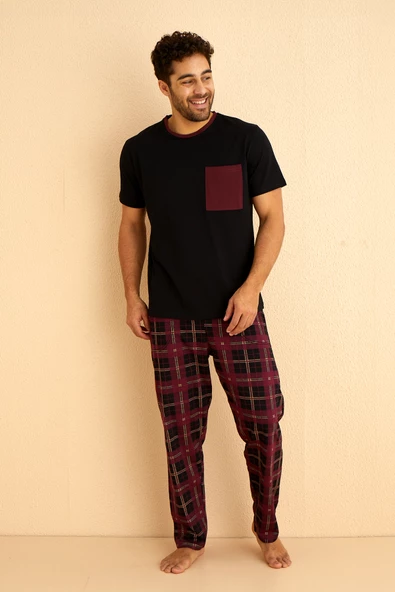 Kutulu- Premium Pamuklu Kısa Kollu Erkek Pijama Takımı- Ekose Babalar Günü Hediyesi - 3