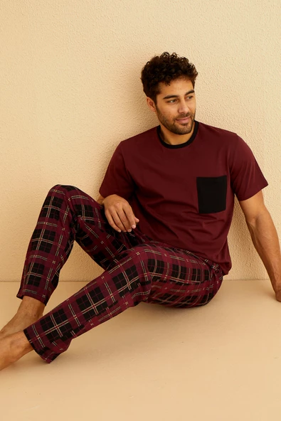Kutulu- Premium Pamuklu Kısa Kollu Erkek Pijama Takımı- Ekose Babalar Günü Hediyesi - 9