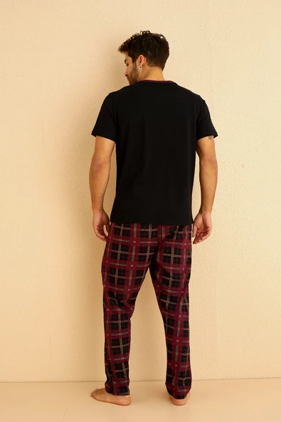 Kutulu- Premium Pamuklu Kısa Kollu Erkek Pijama Takımı- Ekose Babalar Günü Hediyesi - 6