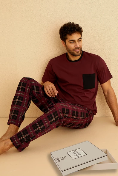 Kutulu- Premium Pamuklu Kısa Kollu Erkek Pijama Takımı- Ekose Babalar Günü Hediyesi - 7