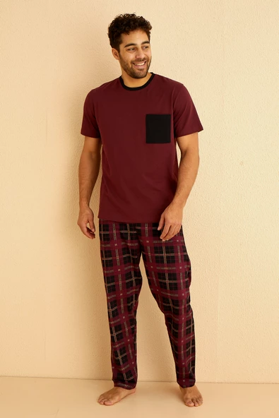 Kutulu- Premium Pamuklu Kısa Kollu Erkek Pijama Takımı- Ekose Babalar Günü Hediyesi - 8