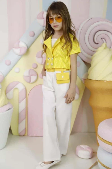 Kız Çocuk Puantiye Desenli Kısa Kollu Sarı Alt Üst Takım ürün görseli