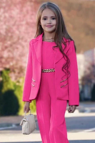 Kız Çocuk Blazer Ceket ve Zincir Detaylı Fuşya Tulum - 6