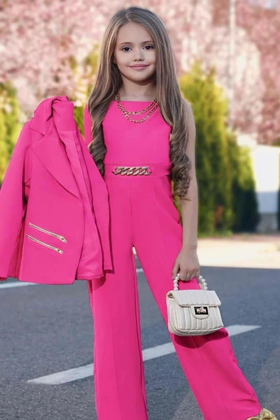 Kız Çocuk Blazer Ceket ve Zincir Detaylı Fuşya Tulum - 7
