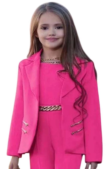 Kız Çocuk Blazer Ceket ve Zincir Detaylı Fuşya Tulum - 2
