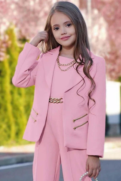 Kız Çocuk Blazer Ceket ve Zincir Detaylı Pudra Tulum - Resim 7