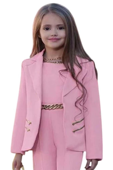 Kız Çocuk Blazer Ceket ve Zincir Detaylı Pudra Tulum - Resim 2