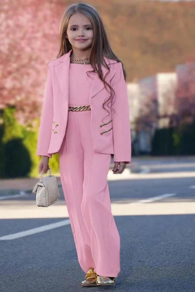 Kız Çocuk Blazer Ceket ve Zincir Detaylı Pudra Tulum - Resim 4