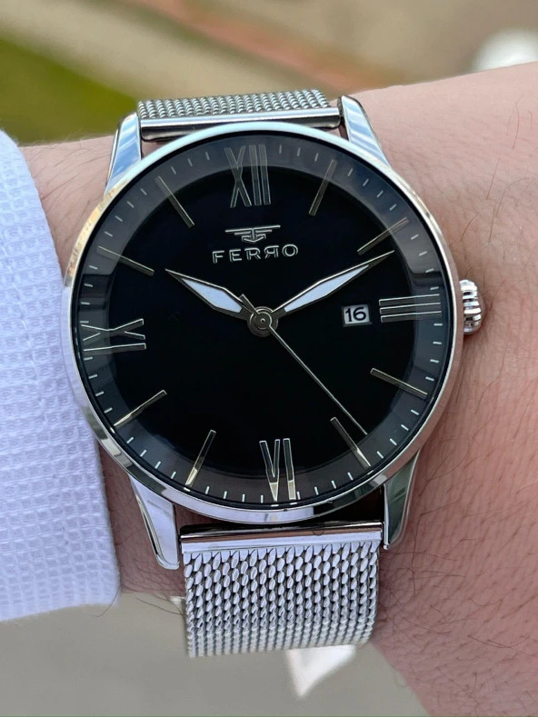 Ferro Gümüş Renk Hasır Kordon Takvimli 30 Mt Su Geçirmez Erkek Kol Saat EF11182-A2 - Resim 3