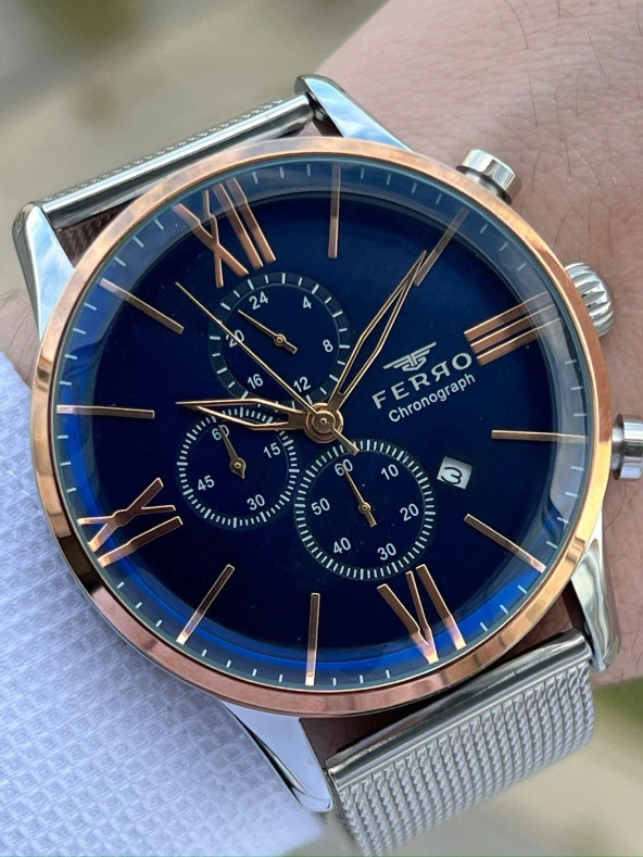 Ferro Gümüş Renk Hasır Kordon İç Fonksiyonları Aktif  30 Mt Su Geçirmez Erkek Kol Saat EF3536-A34 ürün görseli 1