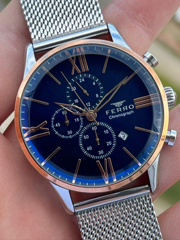 Ferro Gümüş Renk Hasır Kordon İç Fonksiyonları Aktif  30 Mt Su Geçirmez Erkek Kol Saat EF3536-A34 - Resim 2