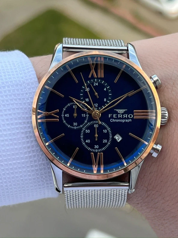 Ferro Gümüş Renk Hasır Kordon İç Fonksiyonları Aktif  30 Mt Su Geçirmez Erkek Kol Saat EF3536-A34 - Resim 3