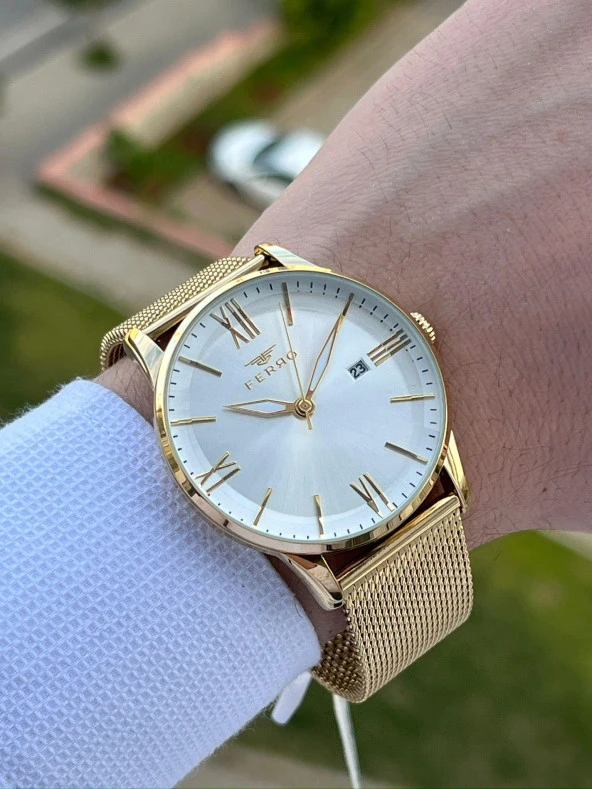 Ferro gold Renk Hasır Kordon 30 Mt Su Geçirmez Erkek Kol Saat EF11182-B - Resim 2