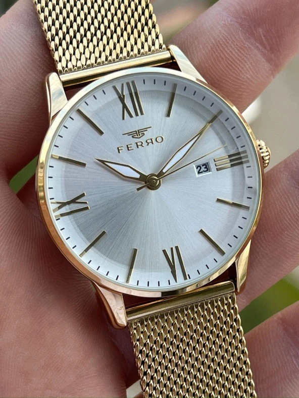 Ferro gold Renk Hasır Kordon 30 Mt Su Geçirmez Erkek Kol Saat EF11182-B - Resim 3