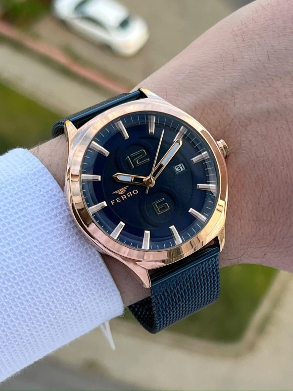 Ferro Lacivert Renk Hasır Kordon 30 Mt Su Geçirmez Erkek Kol Saat EF11090-T - Resim 2