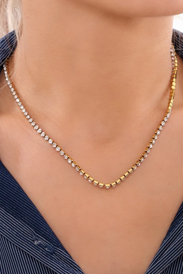 Kadın Zirkon Taşlı Su Yolu Çelik Kolye - Resim 2