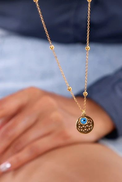 Kadın Nazar Boncuklu Yaşam Çiçeği Gold Çelik Kolye - Resim 3