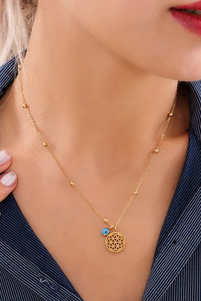 Kadın Nazar Boncuklu Yaşam Çiçeği Gold Çelik Kolye - Resim 2