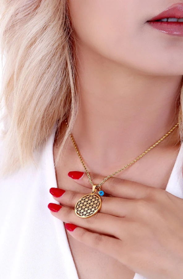 Kadın Nazar Boncuklu  Yaşam Çiçeği Çelik Kolye Gold - Resim 3