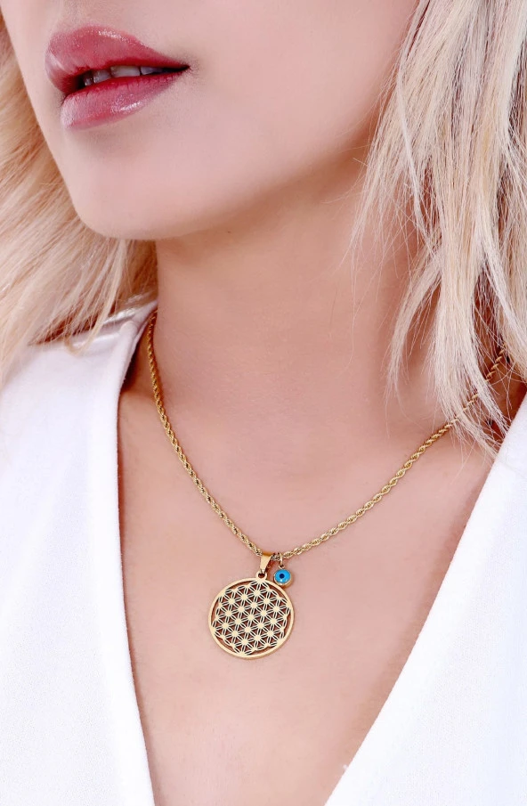 Kadın Nazar Boncuklu  Yaşam Çiçeği Çelik Kolye Gold - Resim 4