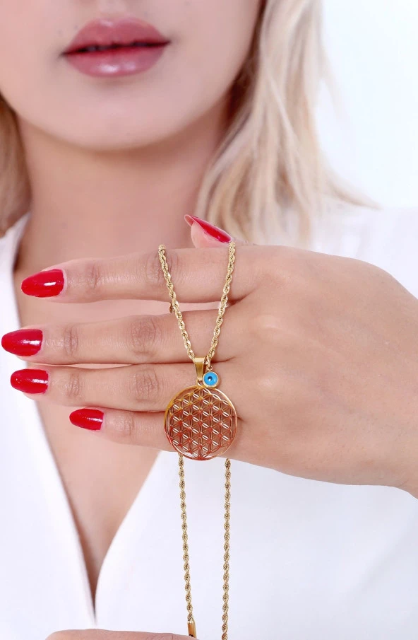 Kadın Nazar Boncuklu  Yaşam Çiçeği Çelik Kolye Gold - Resim 5