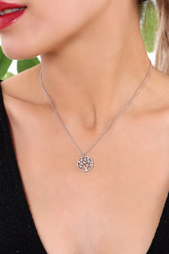 Kadın Gümüş Renk Yaşam Ağacı Çelik Kolye ürün görseli