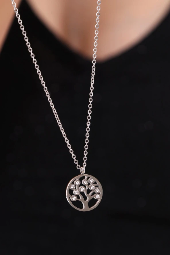 Kadın Gümüş Renk Yaşam Ağacı Çelik Kolye - Resim 3