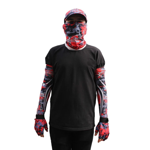 Captain Fisherman Style Camo Red SET Cap+Eldiven+Kolluk+Buff