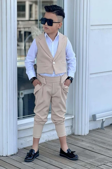 Erkek Çocuk Düğme Detaylı Yelek ve Boydan Düğmeli Bej Alt Üst Takım - Resim 5