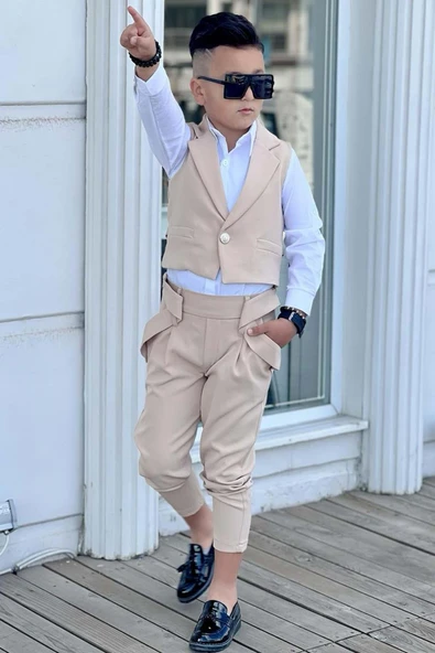 Erkek Çocuk Düğme Detaylı Yelek ve Boydan Düğmeli Bej Alt Üst Takım - Resim 4