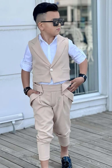 Erkek Çocuk Düğme Detaylı Yelek ve Boydan Düğmeli Bej Alt Üst Takım - Resim 2