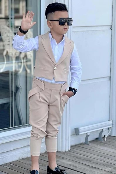 Erkek Çocuk Düğme Detaylı Yelek ve Boydan Düğmeli Bej Alt Üst Takım - Resim 3
