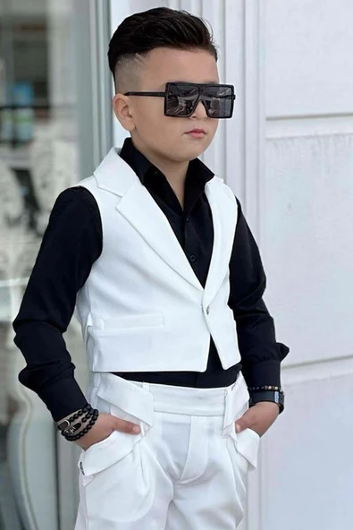 Erkek Çocuk Düğme Detaylı Yelek ve Boydan Düğmeli Beyaz Alt Üst Takım - Resim 4