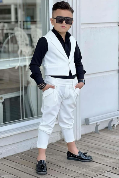 Erkek Çocuk Düğme Detaylı Yelek ve Boydan Düğmeli Beyaz Alt Üst Takım - Resim 2