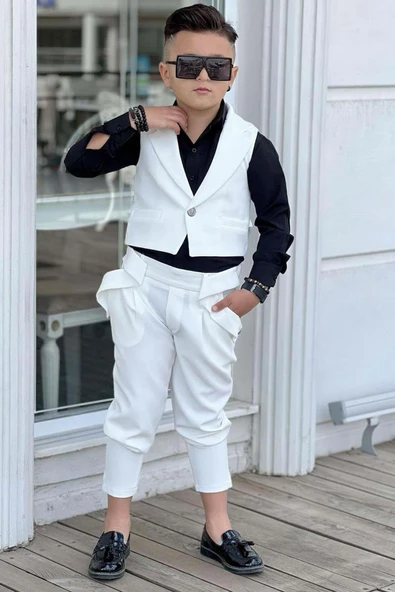 Erkek Çocuk Düğme Detaylı Yelek ve Boydan Düğmeli Beyaz Alt Üst Takım - Resim 5