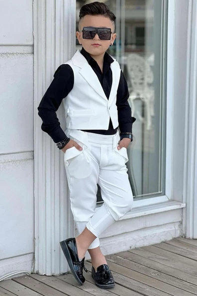 Erkek Çocuk Düğme Detaylı Yelek ve Boydan Düğmeli Beyaz Alt Üst Takım - Resim 3