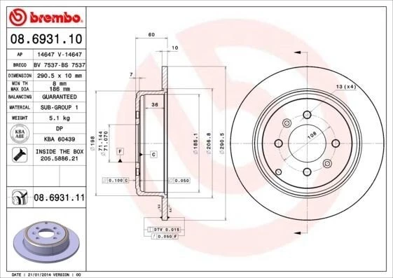 Peugeot 406 Arka Fren Disk Takım Brembo 08693110 1618861380 4246L7 4246T6 4246T7 E169124