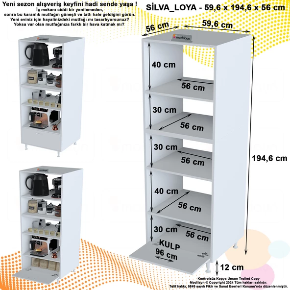 Modilayn SİLVA LOYA 59,6 x 194,6 x 56 cm Tek Kapaklı Ankastre Fırın ve Mutfak Dolabı - Resim 4