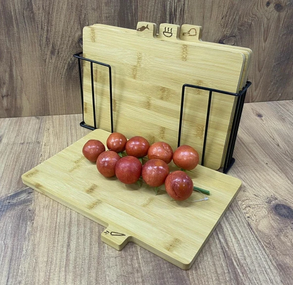 Kesim Tahtası Seti Metal Standlı Kesme Tahtası Bambu
