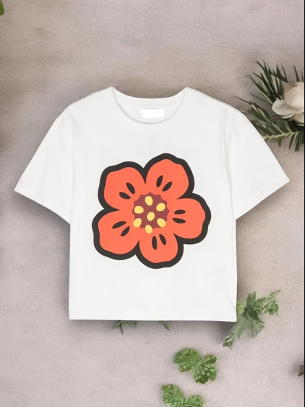 Çiçek Baskılı Oversize Kız Çocuk Tişört