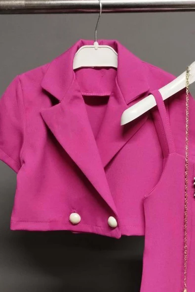 Kız Çocuk Düğme Detaylı Blazer Ceket ve Taşlı Kalp İşlemeli Fuşya Elbise - Resim 2