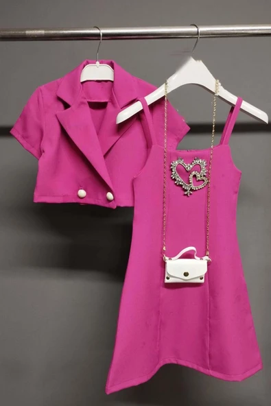 Kız Çocuk Düğme Detaylı Blazer Ceket ve Taşlı Kalp İşlemeli Fuşya Elbise ürün görseli