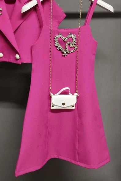 Kız Çocuk Düğme Detaylı Blazer Ceket ve Taşlı Kalp İşlemeli Fuşya Elbise - Resim 3