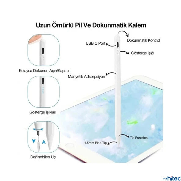 ScHitec Stylus Pro Dokunmatik Tablet Kalemi Şarjlı Beyaz - 5