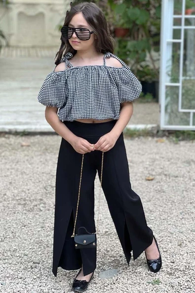 Kız Çocuk Düşük Omuzlu Göğsü ve Beli Manşetli Crop ve Yırtmaç Detaylı Siyah Alt Üst Takım - Resim 2