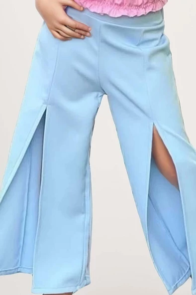 Kız Çocuk Düşük Omuzlu Göğsü ve Beli Manşetli Crop ve Yırtmaç Detaylı Pembe Alt Üst Takım - Resim 3