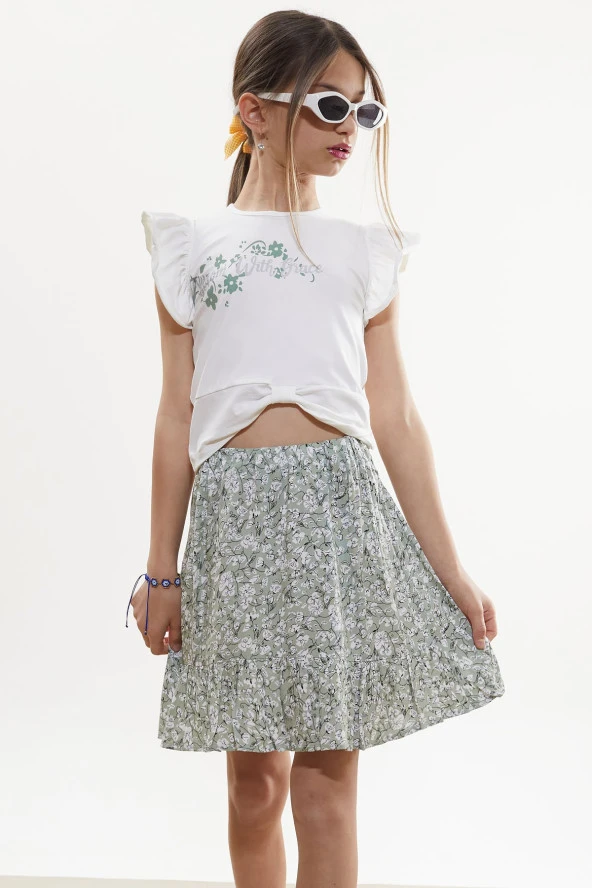 Haki Çiçek Desenli Etekli Baskılı Tişörtlü Kız Çocuk Takım 18502